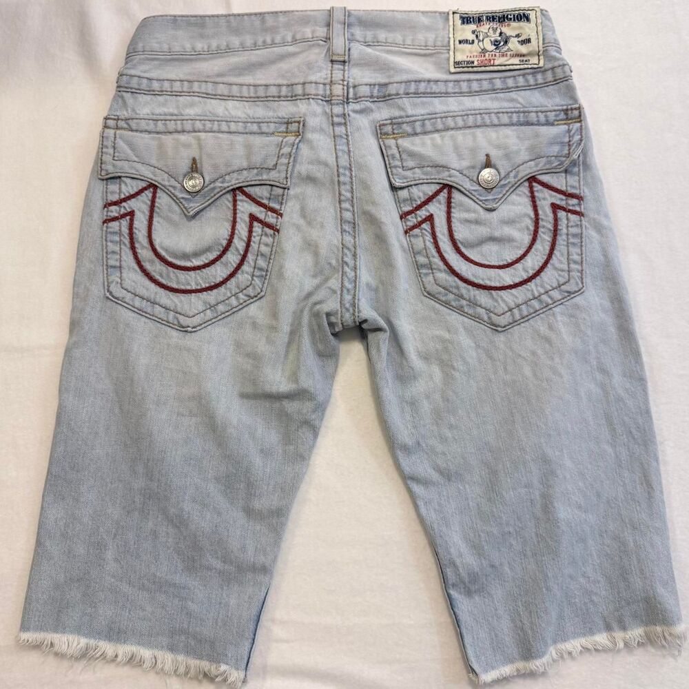 vintage true religion red rope stitch section shorts light wash flap pocket
